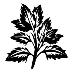 Black and white illustration of stylized leaves on a central stem