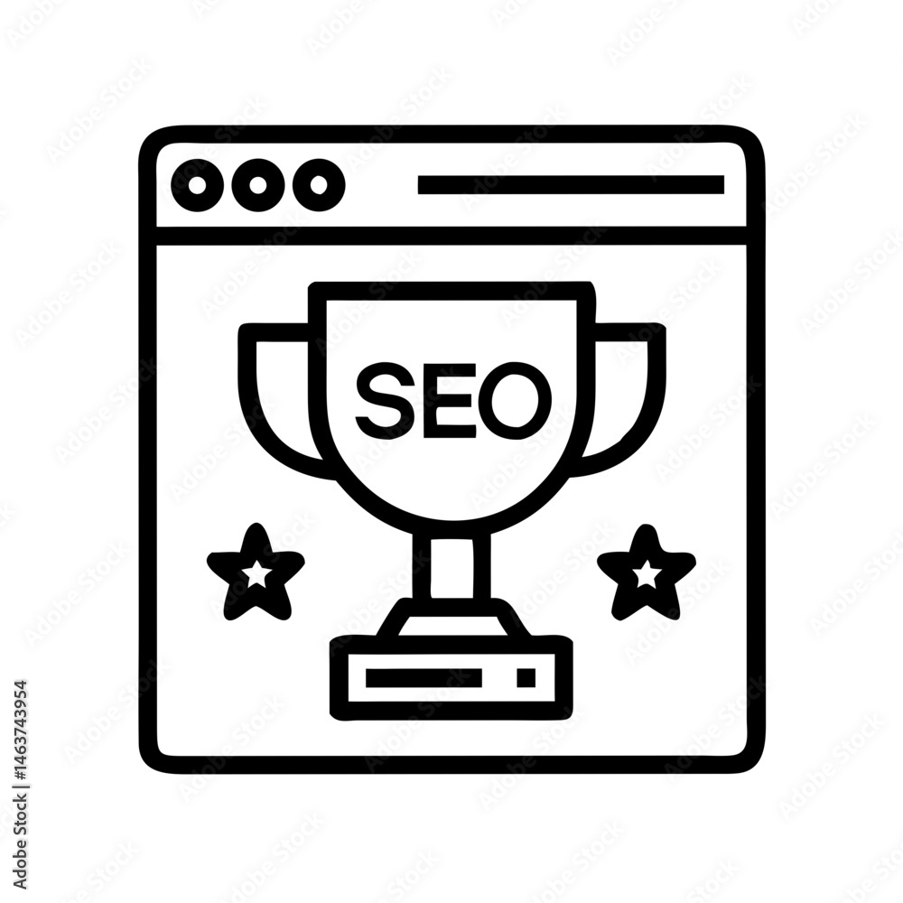 Poster webpage with trophy icon representing seo ranking and search engine achievement