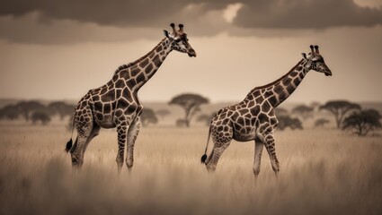 Obraz premium Giraffes Moving Side by Side