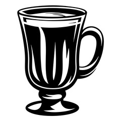 Stylized black and white graphic of a glass mug with a handle