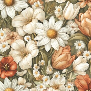 Floral pattern with various blossoms in muted cream, peach, and terracotta tones