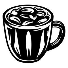 Stylized Black and White Illustration of a Mug with Decorative Design Elements