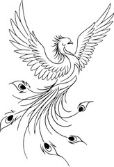 Stylized Phoenix Tattoo with Curved Fire Trails in Clean Line Art