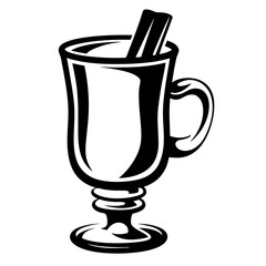 Monochrome illustration of a mulled wine in an Irish coffee glass with cinnamon