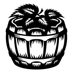 Striking Black and White Illustration of a Wooden Barrel with Foliage