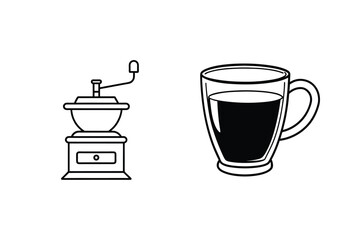 Hand drawn coffee grinder and coffee cup illustration depicting freshly brewed drink