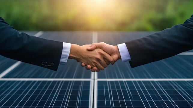 Businesspeople shake hands over solar panels partnership collaboration and renewable energy - Powered by Adobe