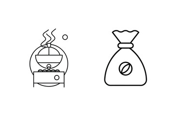 Simple minimalist illustration of coffee preparation and a bag of roasted coffee beans