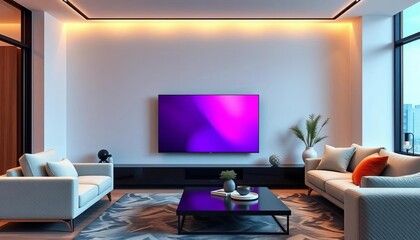 Sleek minimalist living room, flat-screen TV, modern sofa, coffee table, apartment, coffee table
