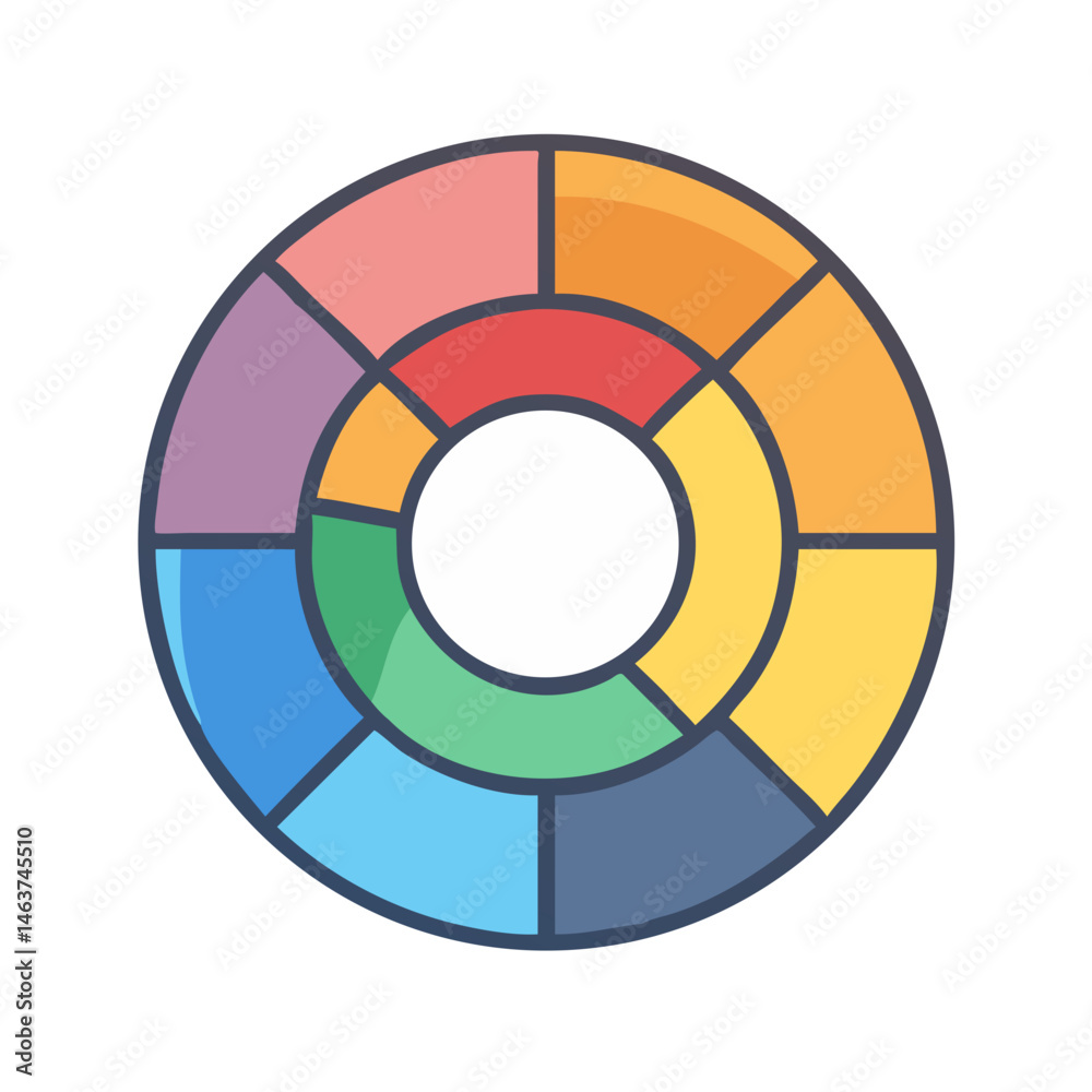 Poster circular color wheel icon representing color theory and hue relationships