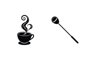 Black and white illustration of a coffee cup with steam and microphone on white background