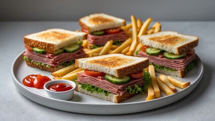 Delicious Toasted Club Sandwich featuring Cheese, Pickled Vegetables, Ham, and French Fries