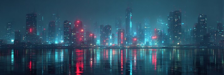 Fototapeta premium A vibrant futuristic cyberpunk cityscape at night illuminated by glowing neon lights, showcasing a high-tech, digital metropolis full of energy and mystery.