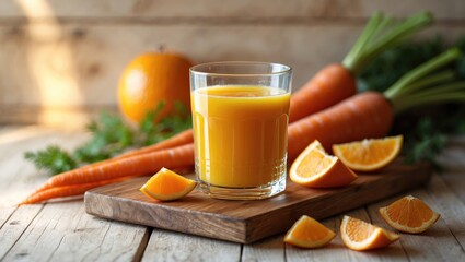 Fototapeta premium Refreshing vegetable and fruit juice in glass with ingredients on table