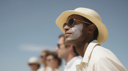 vibrant outdoor scene showcasing people enjoying sunny day while wearing sunscreen and protective clothing