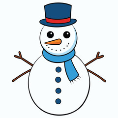 Smiling snowman with a hat and scarf on a blue background holding a broom, perfect for a winter holiday Christmas celebration