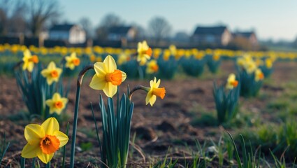 Yellow daffodils with orange hearts standing alone in the fields