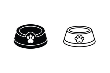 Two stylized illustrations of a dog bowl with paw print graphic for pet food and water