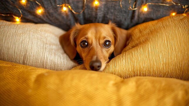  Cozy dog relaxing on soft blankets with fairy lights home setting pet photography warm atmosphere close-up view
