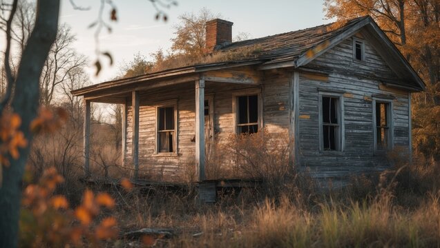 Abandoned wooden cabin with autumn scenery and baseboard