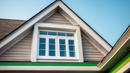 Gabled dormer window on the pitched asphalt shingle roof of a modern family residence