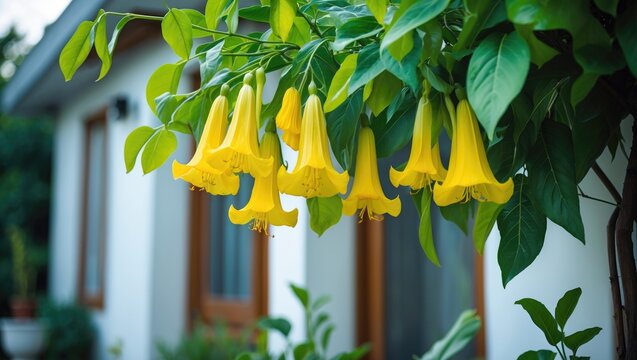 Yellow angel's trumpet blooms with bright green foliage set against a plain white backdrop