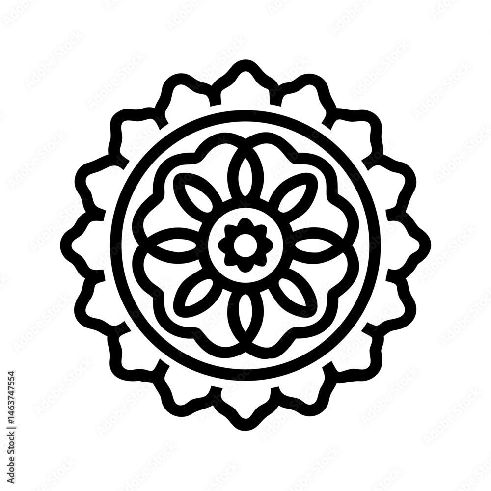 Poster floral rosette icon with decorative inner pattern representing ornamental design and symmetry