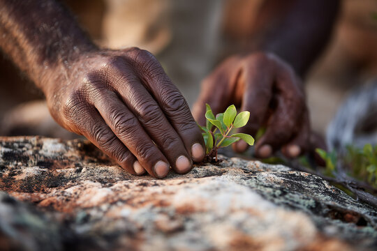 close up handholding small plant in australian outback, aboriginal bush tucker theme