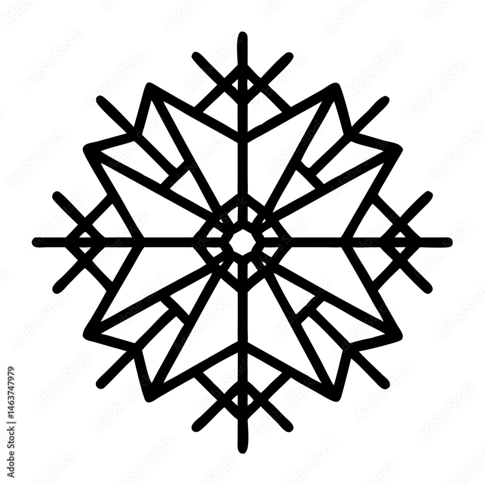 Poster geometric snowflake-like mandala icon with central line representing symmetry and decorative balance