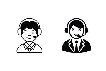 Two vector illustrations of call center agents with headsets representing customer service support