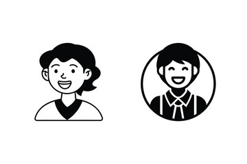 Cheerful cartoon illustrations of two smiling people in modern black and white style