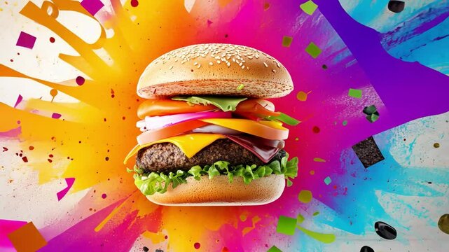 Explosive Burger Craving: A mouthwatering burger, packed with fresh ingredients, bursts forth in a vibrant explosion of colors, celebrating the pure joy of a perfect meal.