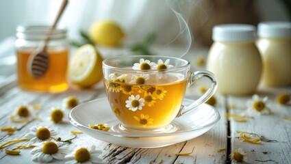 Close-up of chamomile herbal tea in a glass cup on a wooden table, accompanied by honey, lemon, and chamomile flowers, emphasizing health and relaxation.