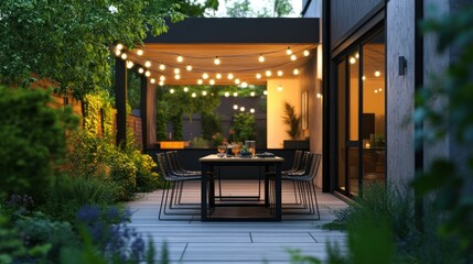 Obraz premium Cozy outdoor dining area with string lights and greenery