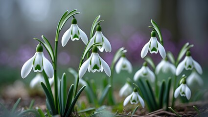 White Winter Flower Galanthus Blooming with Green Snowdrop in a Natural Setting