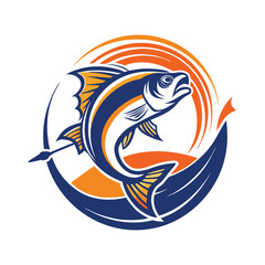 Colorful Jumping Fish Logo – Bold Fishing Emblem with Sun and Mountain Background