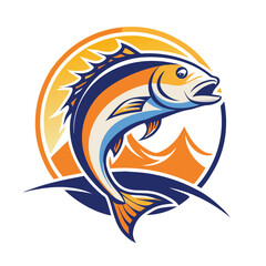 Colorful Jumping Fish Logo – Bold Fishing Emblem with Sun and Mountain Background