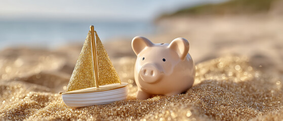Piggy bank and small sailboat on sandy beach symbolize savings and retirement planning while managing expenses effectively