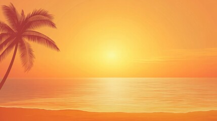 A vibrant tropical beach scene during sunset, with golden-orange light reflecting on the calm sea, silhouettes of palm trees swaying in the breeze, and gentle waves washing ashore.