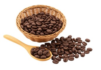 Obraz premium Aromatic roasted coffee beans in basket and spoon still life photo