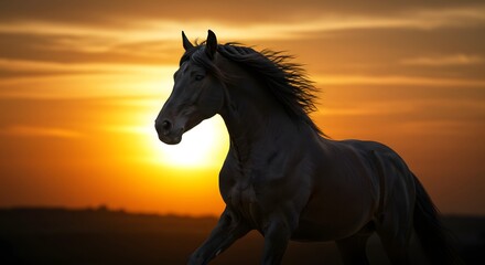 Naklejka premium Running Black Horse at Sunset