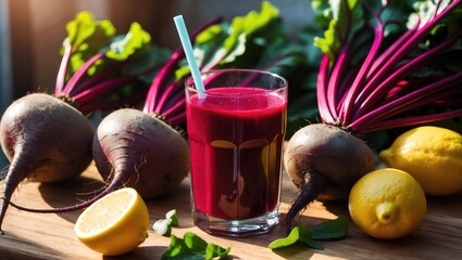 Healthy red beetroot drink in a glass on a wooden table accompanied by fresh beets and lemons