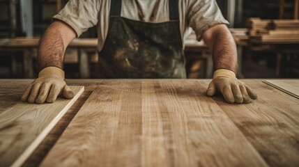 Closeup of craftsmans hands on smooth wood surface woodworking manufacturing