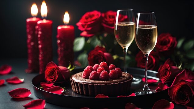 Celebration display including champagne, raspberry chocolate cake, candles, and red roses
