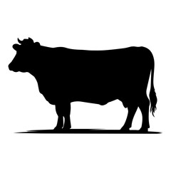 Silhouette of a domestic cow with horns and tail in black and white