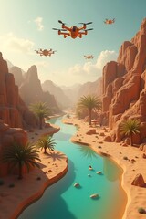 A desert city with sand-resistant drones and holographic oasis projections