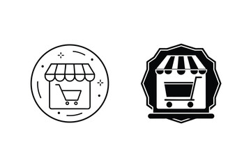Two vector illustrations of shop icons displaying an online store cart symbol in black color