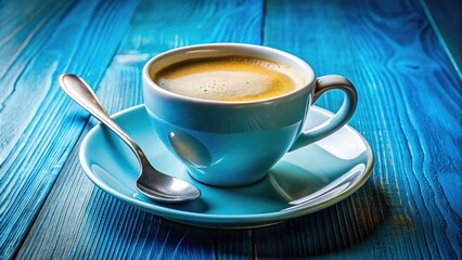 Fototapeta premium White Coffee Cup Blue Plate Spoon Still Life Photography - Cozy Morning Drink Image