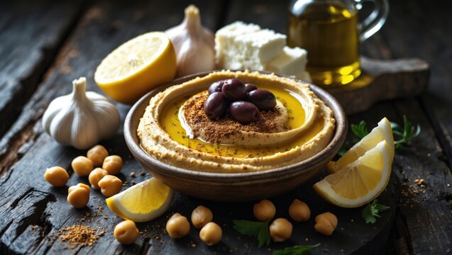 Traditional Middle Eastern hummus garnished with olive oil and cumin in a ceramic dish, served with lemon wedges, olives, feta, and chickpeas against a dark wooden background.