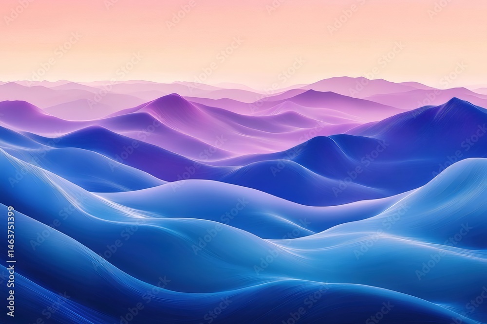 Aufkleber ピンクと青のグラデーションの丘と山が重なる抽象的な風景 山並みが描かれた柔らかいパステルカラーの背景デザイン